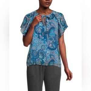 Philosophy Blue Cap Sleeve Blouse with Tie Front